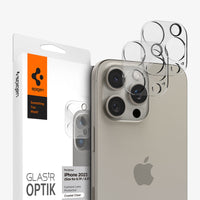 AGL06912 - iPhone 15 Pro / 15 Pro Max Optik Lens Protector in crystal clear showing the device, two lens protectors and packaging